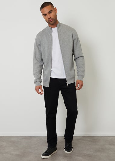 Threadbare Light Grey Zip-Through Funnel Neck Knitted Cardigan