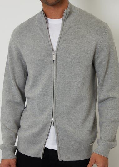 Threadbare Light Grey Zip-Through Funnel Neck Knitted Cardigan