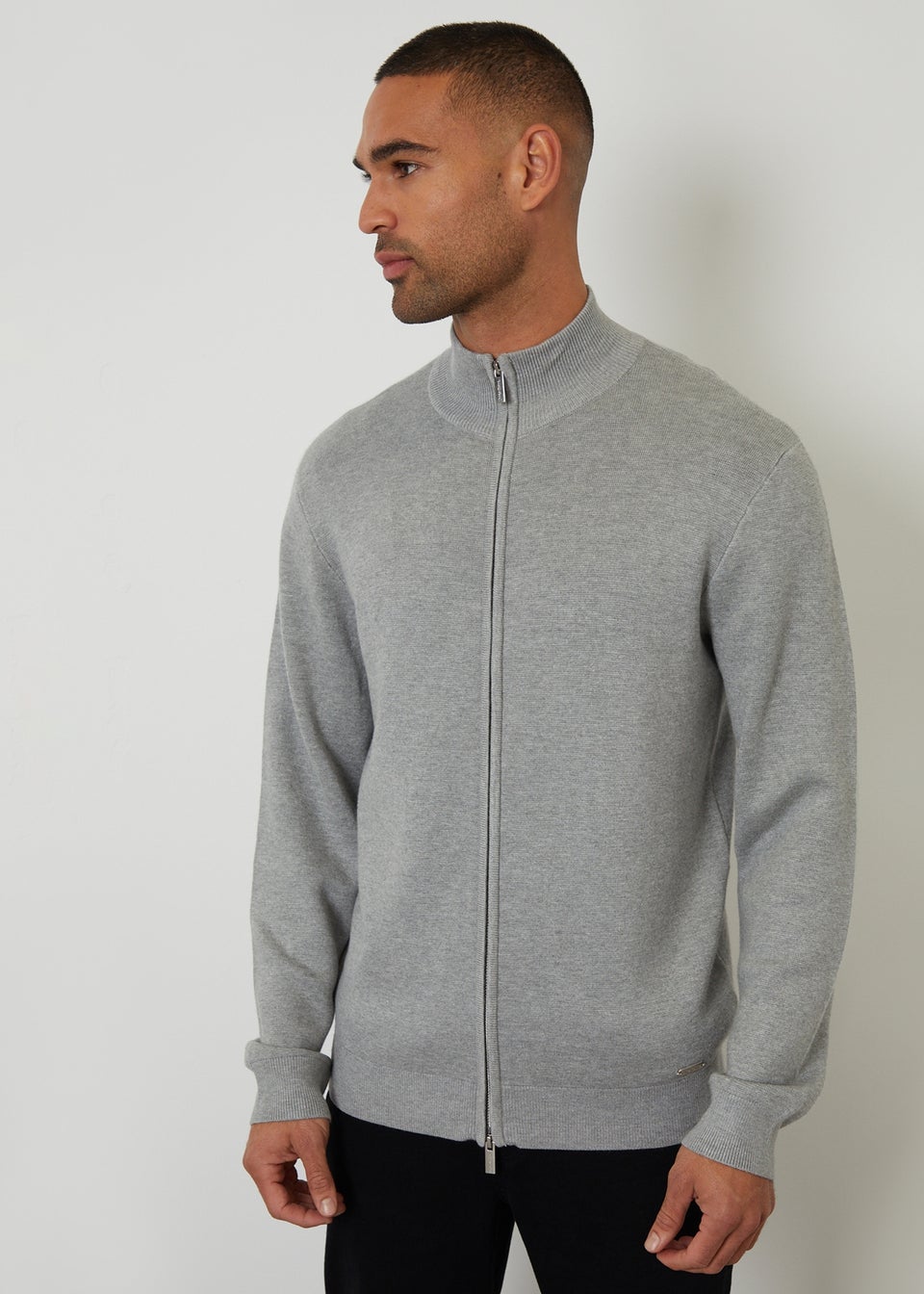 Threadbare Light Grey Zip-Through Funnel Neck Knitted Cardigan