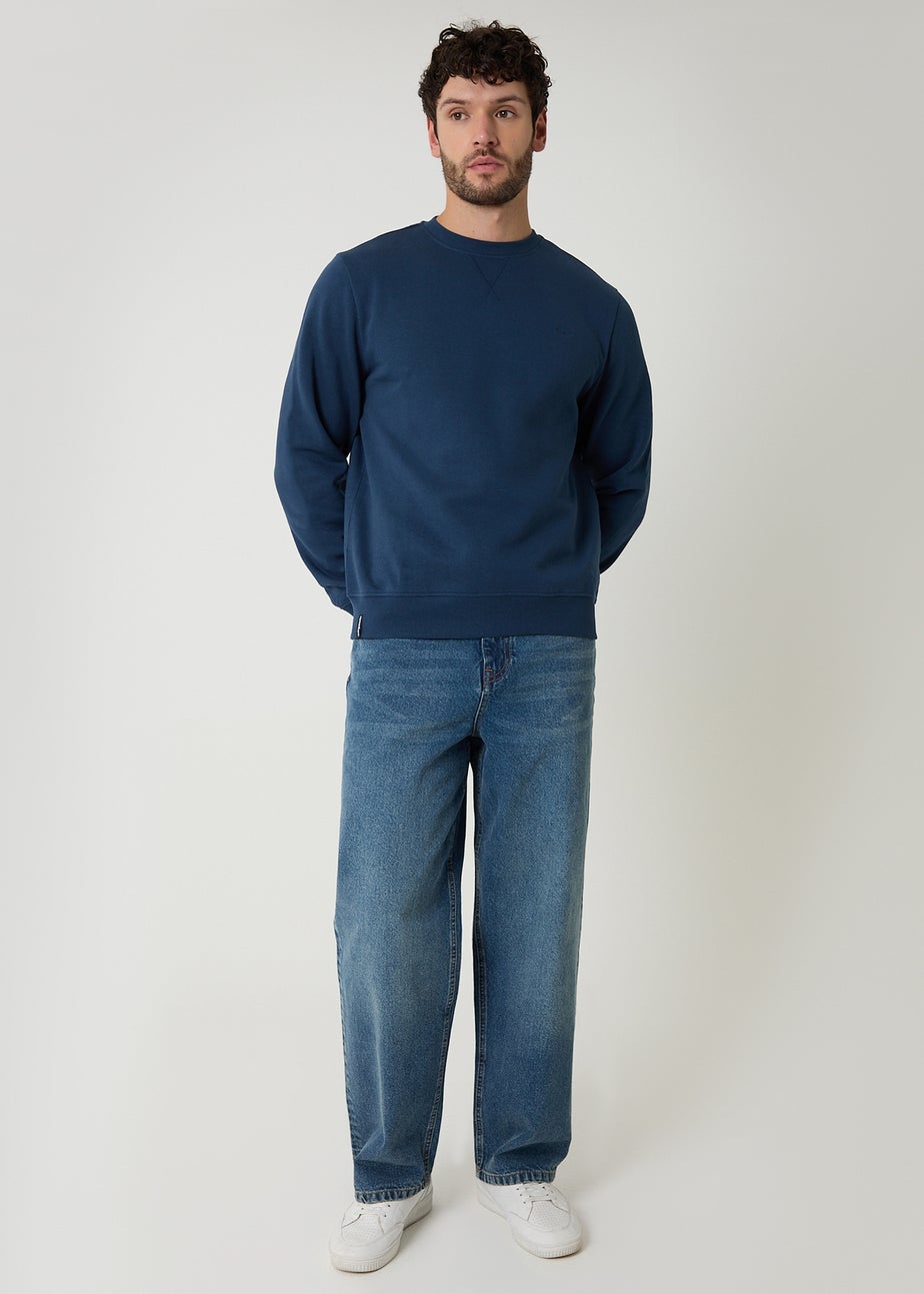 Threadbare Dark Blue Cotton Blend Crew Neck Sweatshirt
