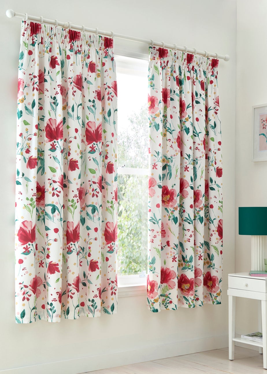 Dreams & Drapes Abstract Poppy Lightweight Red Pencil Pleat Curtains