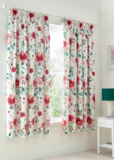 Dreams & Drapes Abstract Poppy Lightweight Red Pencil Pleat Curtains