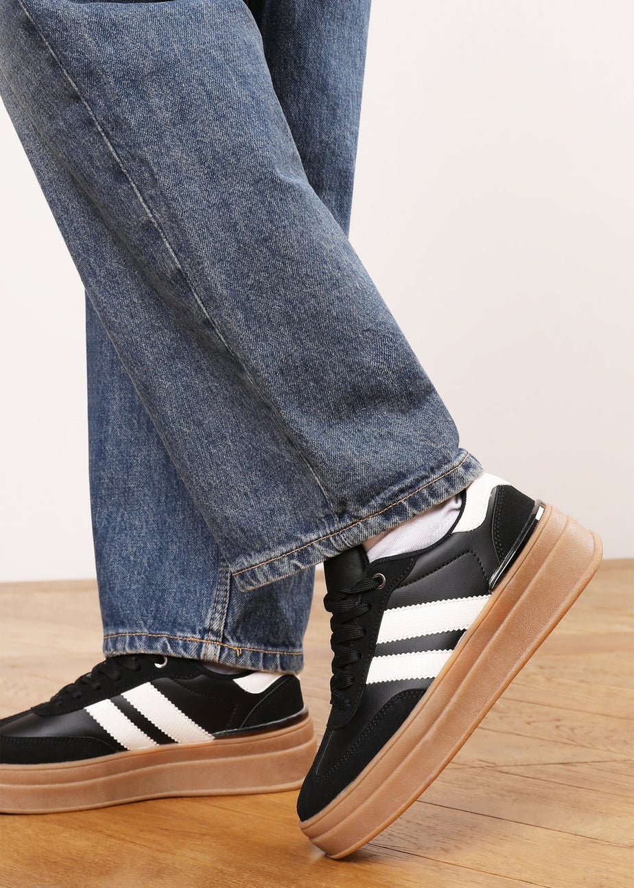 Where's That From Yulia Black Lace-Up Side Stripes Trainers
