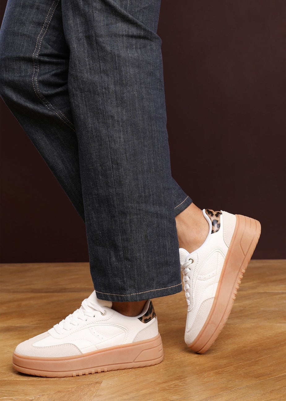 Where's That From Xia White Low Wedge Leopard Trim Trainer