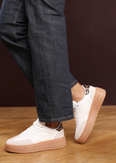 Where's That From Xia White Low Wedge Leopard Trim Trainer