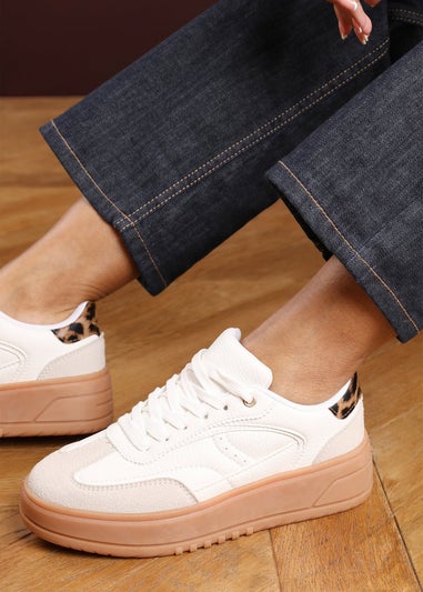 Where's That From Xia White Low Wedge Leopard Trim Trainer