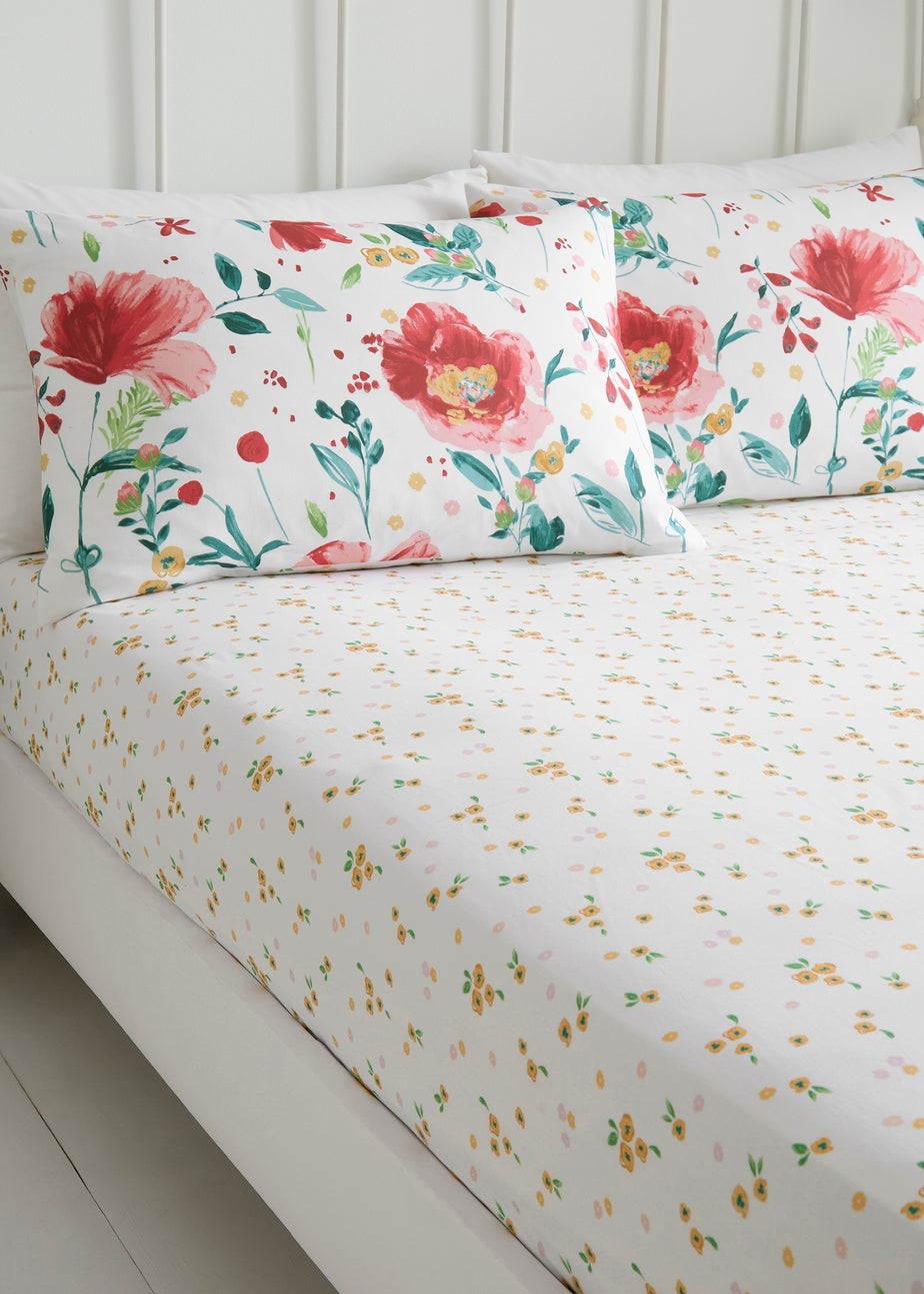 Dreams & Drapes Abstract Poppy Breathable White Fitted Bed Sheet