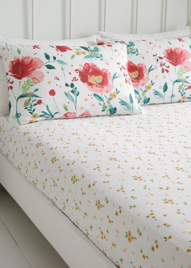 Dreams & Drapes Abstract Poppy Breathable White Fitted Bed Sheet
