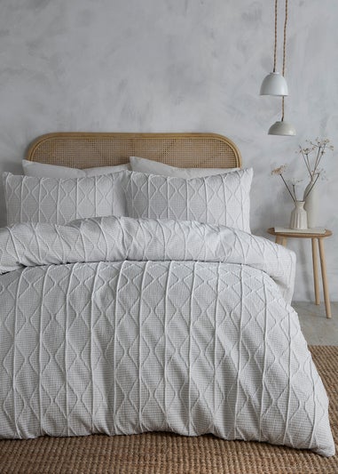 Serene Crinkle Stripe Embossed White Duvet Cover Set