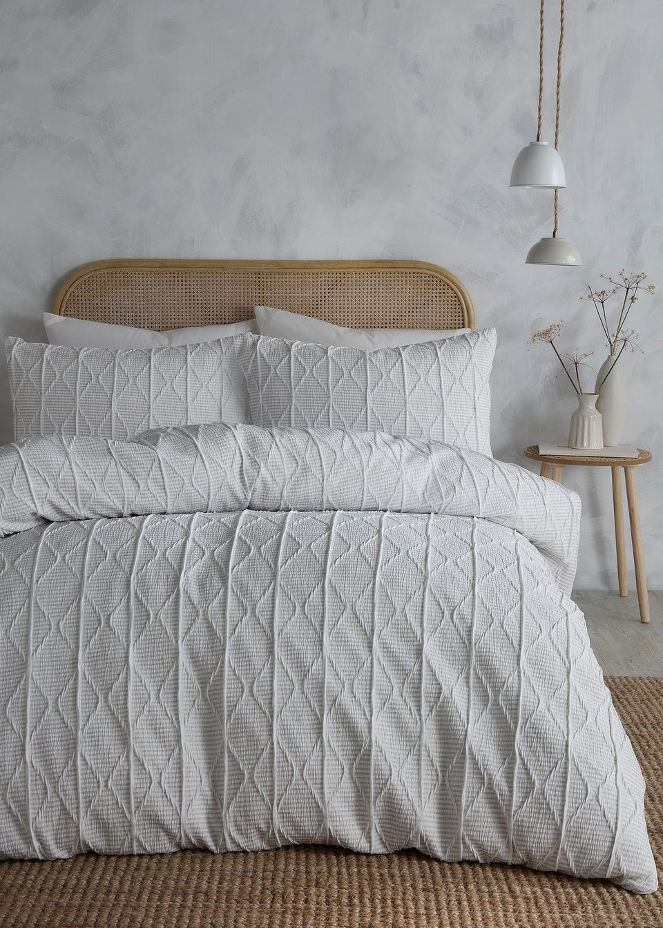 Serene Crinkle Stripe Embossed White Duvet Cover Set