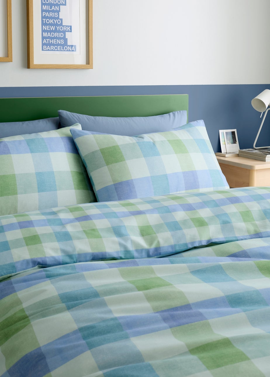Fusion Block Check Reversible Blue Duvet Cover Set