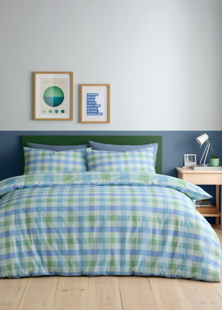 Fusion Block Check Reversible Blue Duvet Cover Set