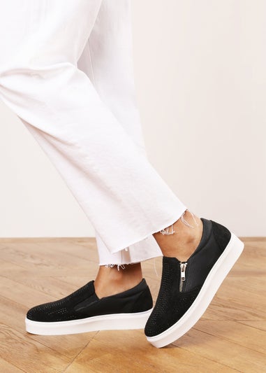 Where's That From Florina Black Zip Trainer With Diamante Toe