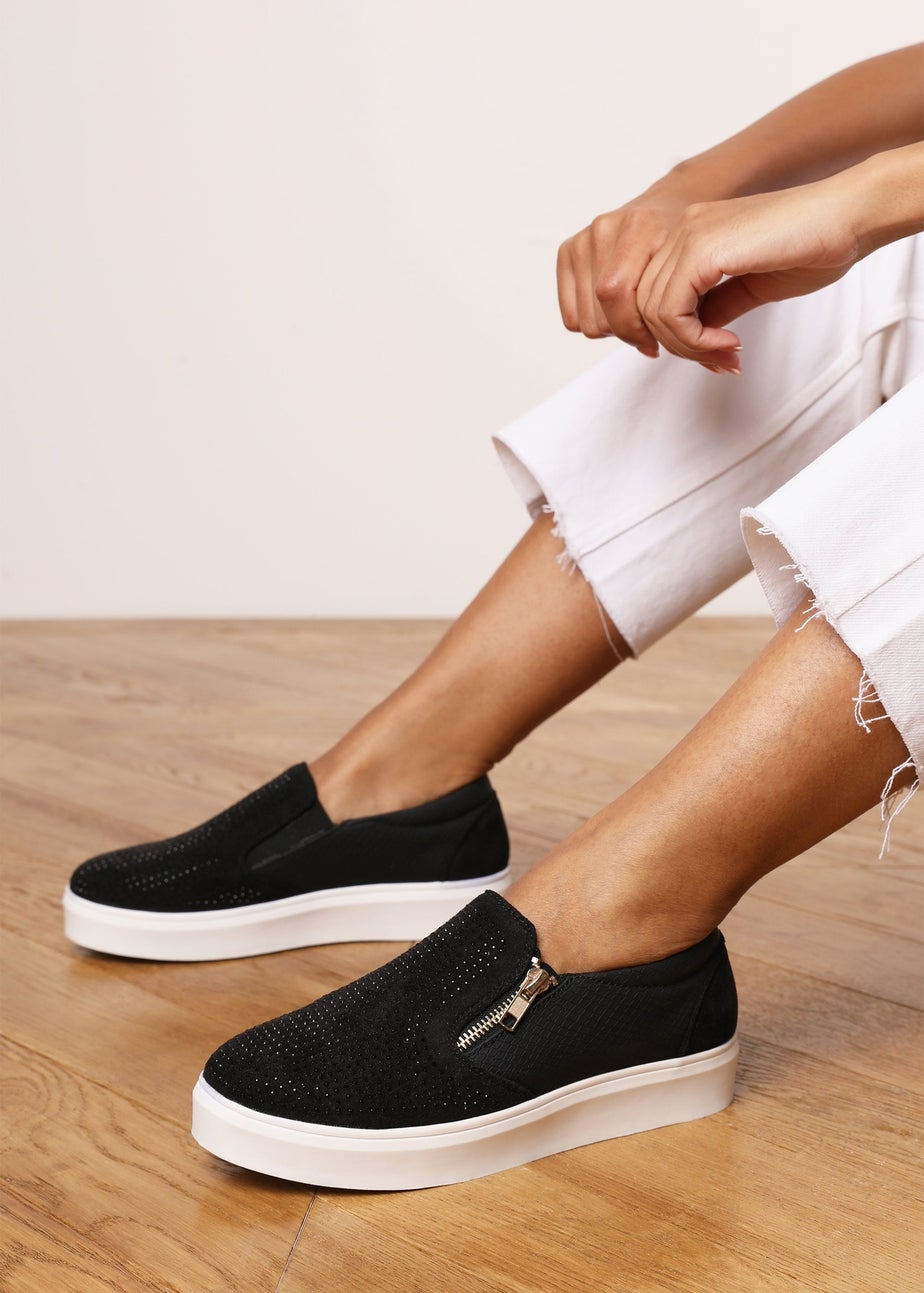 Where's That From Florina Black Zip Trainer With Diamante Toe