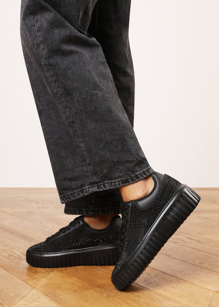 Where's That From Darcia Black Chunky Sole Trainer With Diamante Pattern