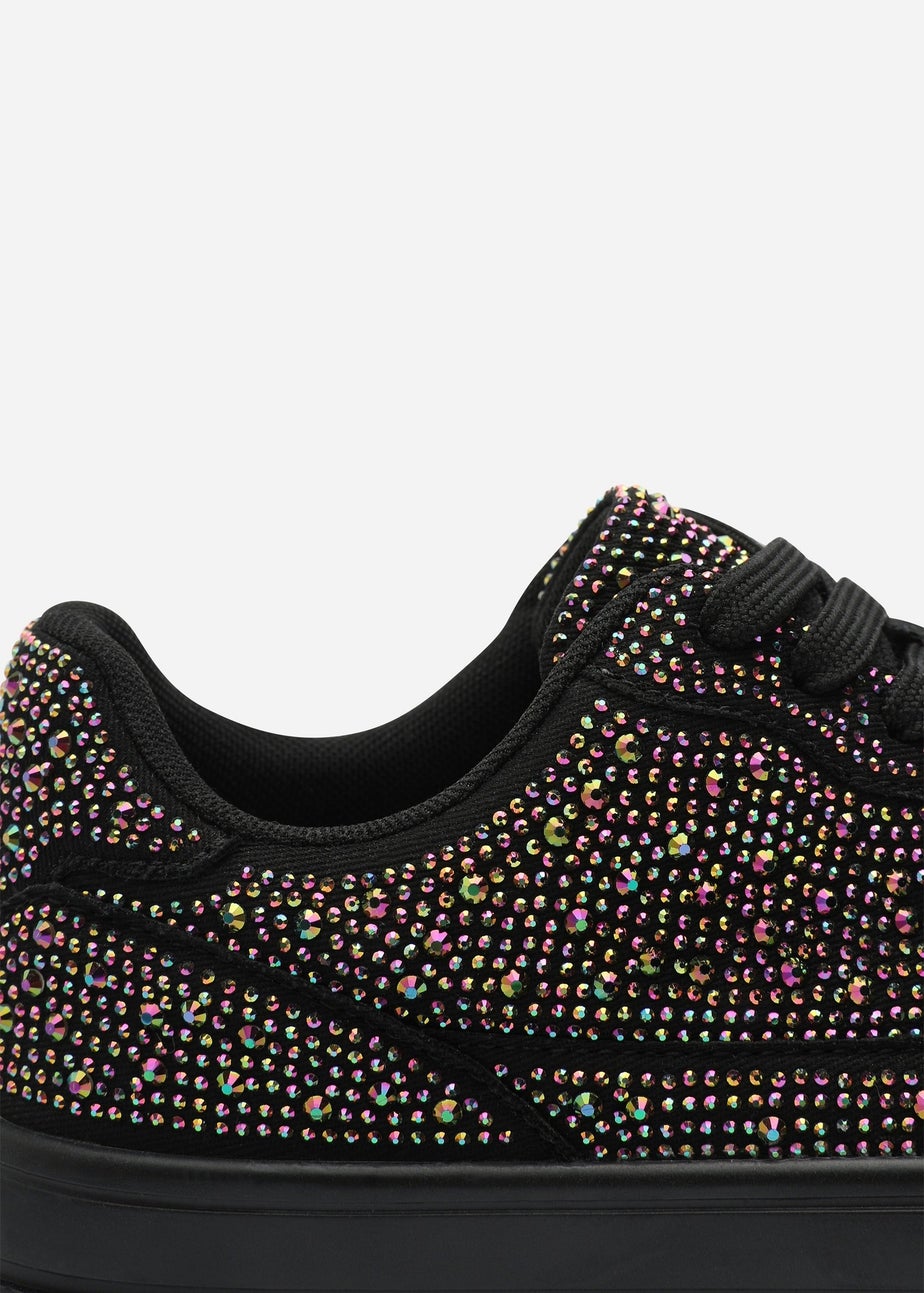Where's That From Caia Black Lace-Up Trainer With Diamante Detail