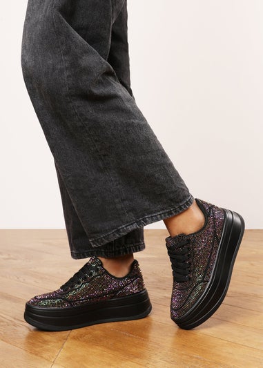 Where's That From Caia Black Lace-Up Trainer With Diamante Detail
