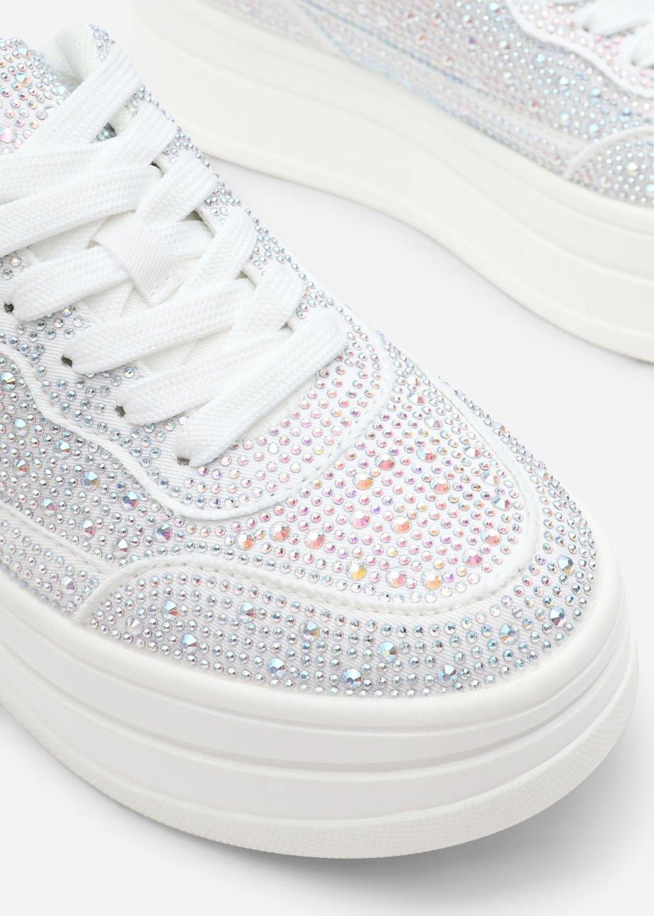 Where's That From Caia White Lace-Up Trainer With Diamante Detail