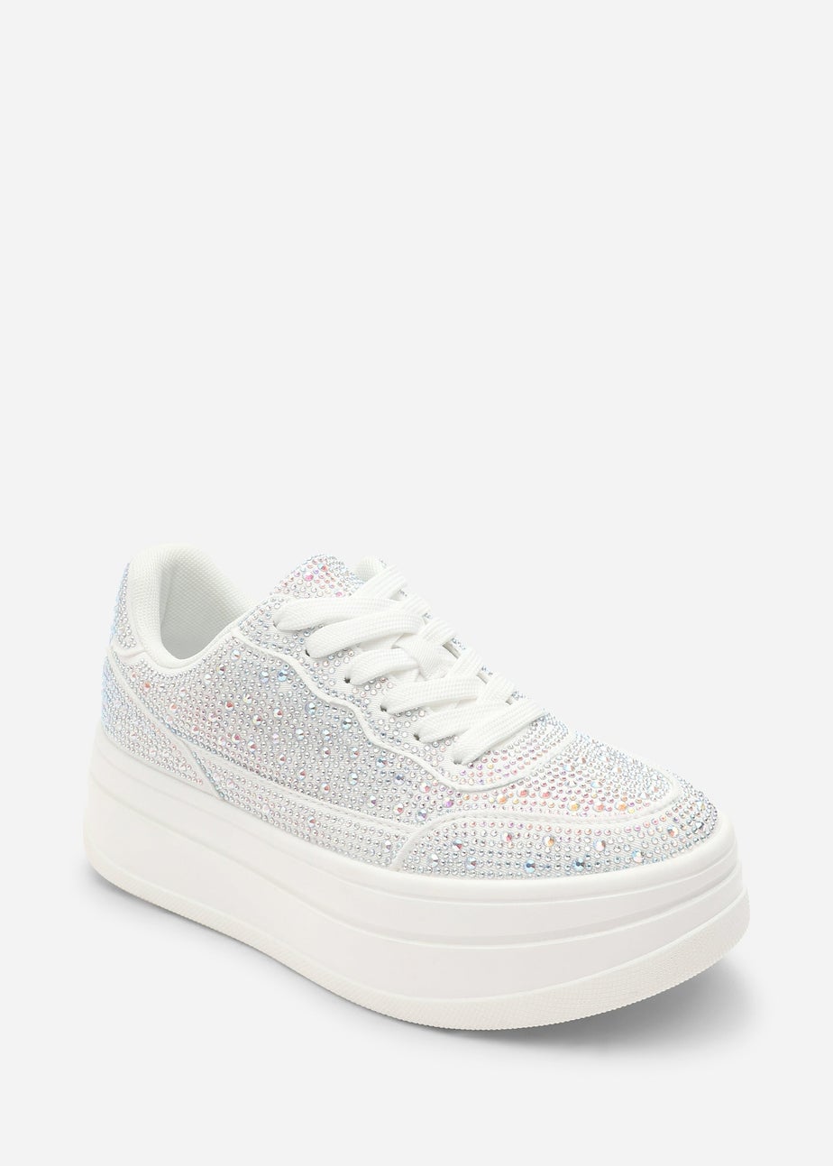 Where's That From Caia White Lace-Up Trainer With Diamante Detail