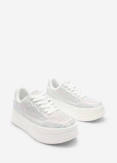 Where's That From Caia White Lace-Up Trainer With Diamante Detail
