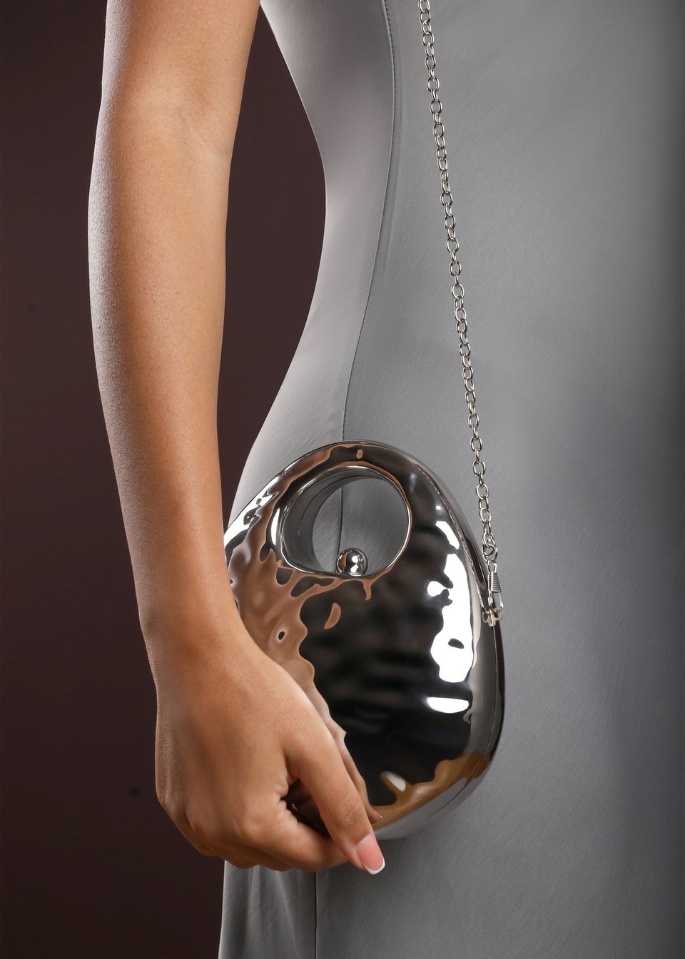 Where's That From Womens Mocha Silver Metallic Sculpted Crossbody Bag with Chain