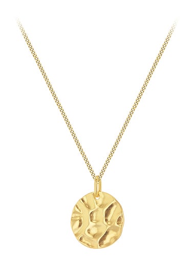 Golden Moments Sterling Silver Yellow Gold Plated Hammered Disc Pendant On Curb Chain