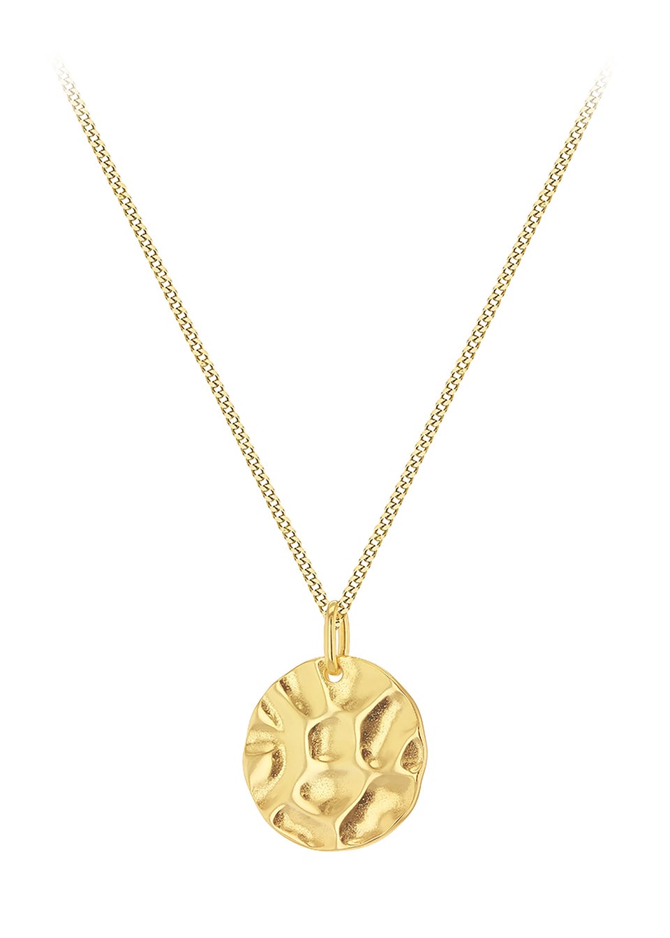 Golden Moments Sterling Silver Yellow Gold Plated Hammered Disc Pendant On Curb Chain