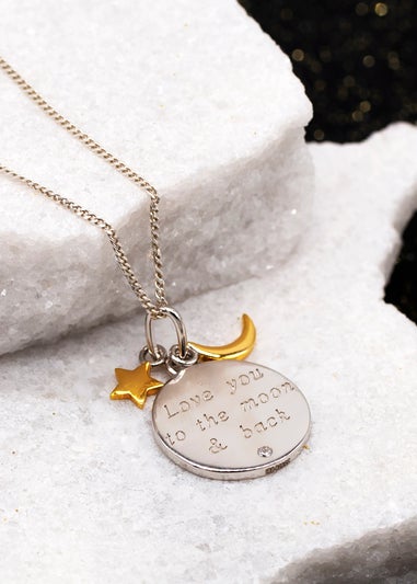Golden Moments Sterling Silver Gold Plated & Rhodium Plated Engraved Round Disc With Star & Moon Charm Pendant On Chain