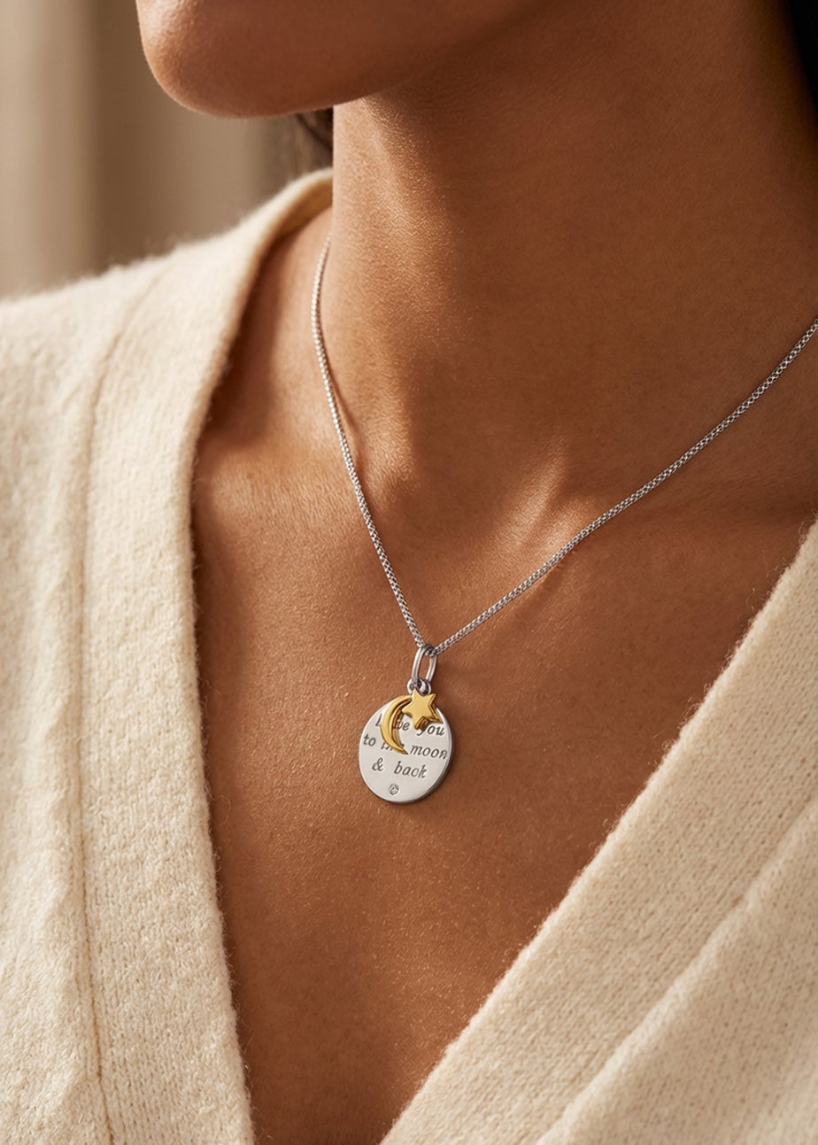 Golden Moments Sterling Silver Gold Plated & Rhodium Plated Engraved Round Disc With Star & Moon Charm Pendant On Chain