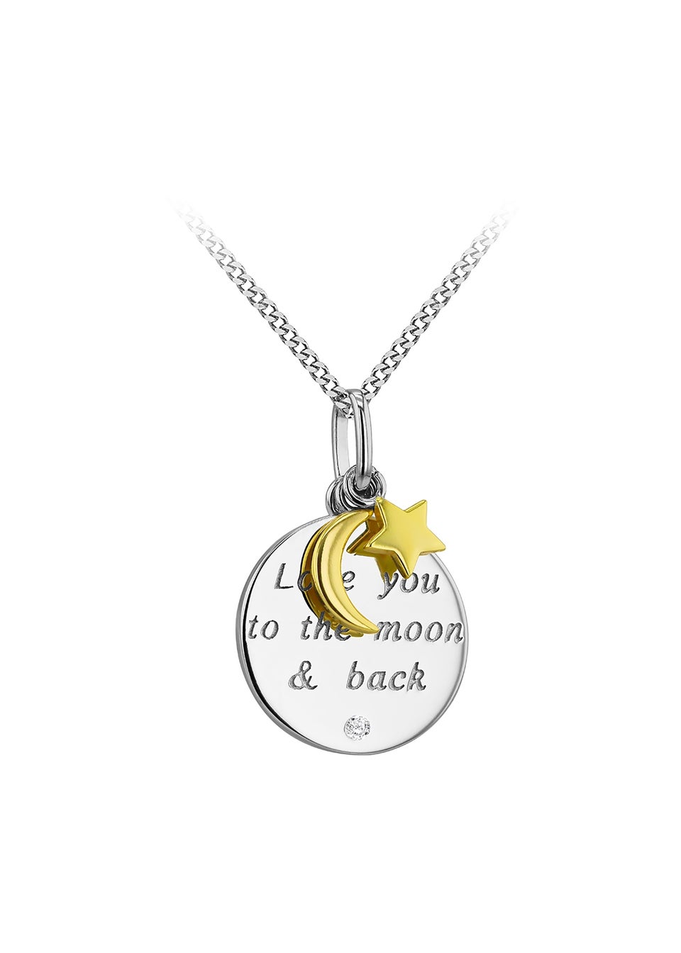 Golden Moments Sterling Silver Gold Plated & Rhodium Plated Engraved Round Disc With Star & Moon Charm Pendant On Chain