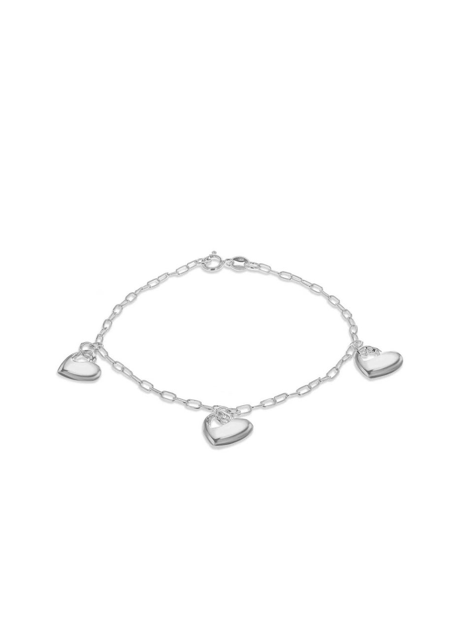 Golden Moments Sterling Silver Rhodium Plated Triple Puffed Heart Charm Bracelet