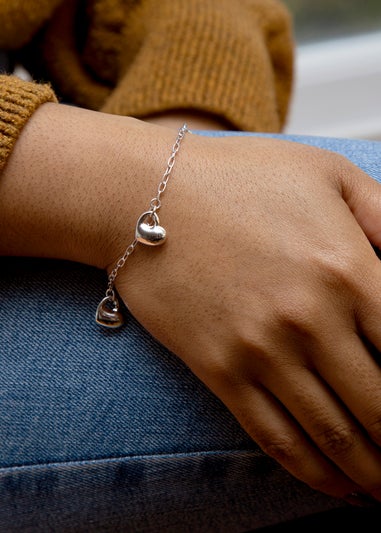 Golden Moments Sterling Silver Rhodium Plated Triple Puffed Heart Charm Bracelet