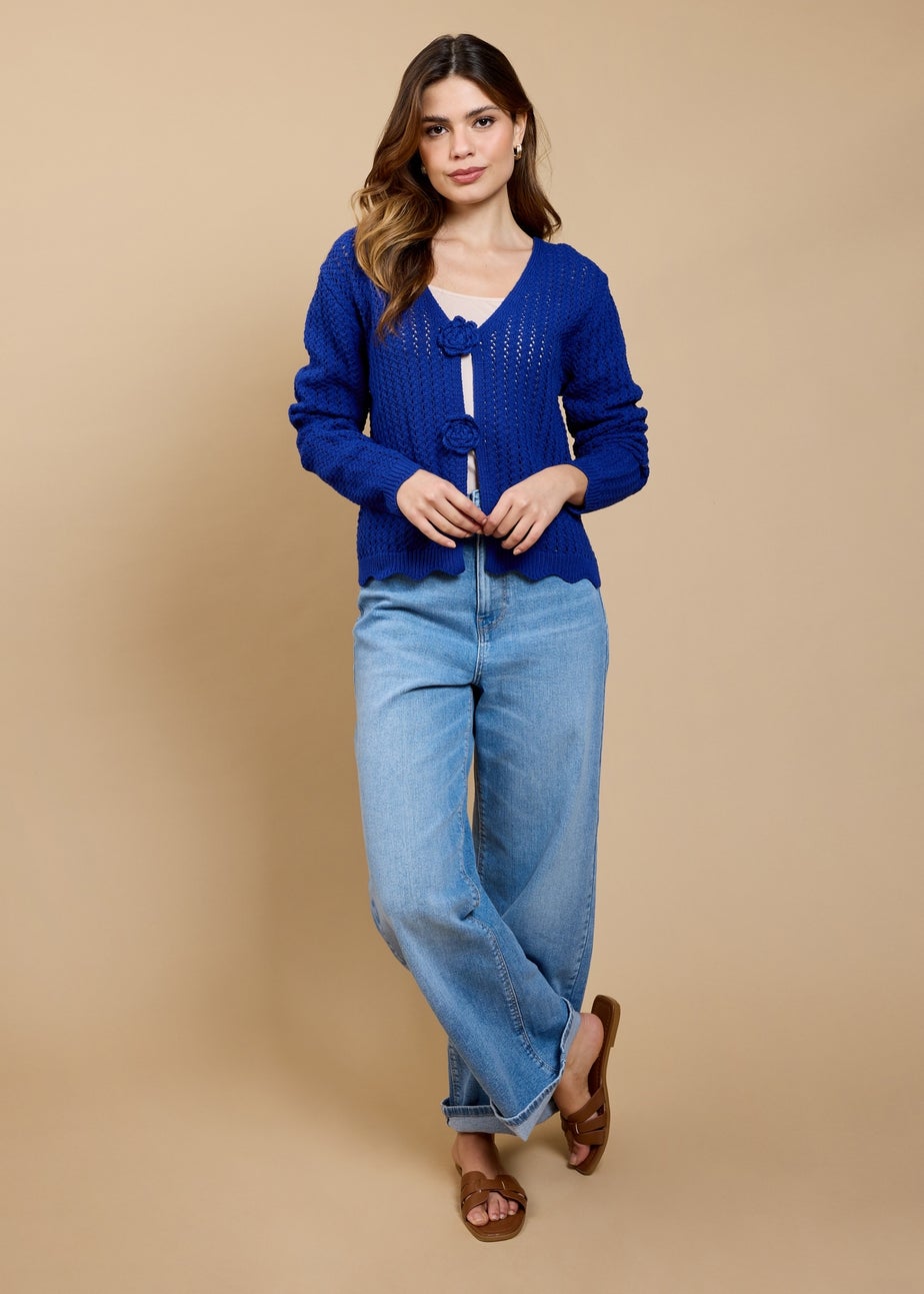 Little Mistress Blue Crochet Rosette Detail Cardigan