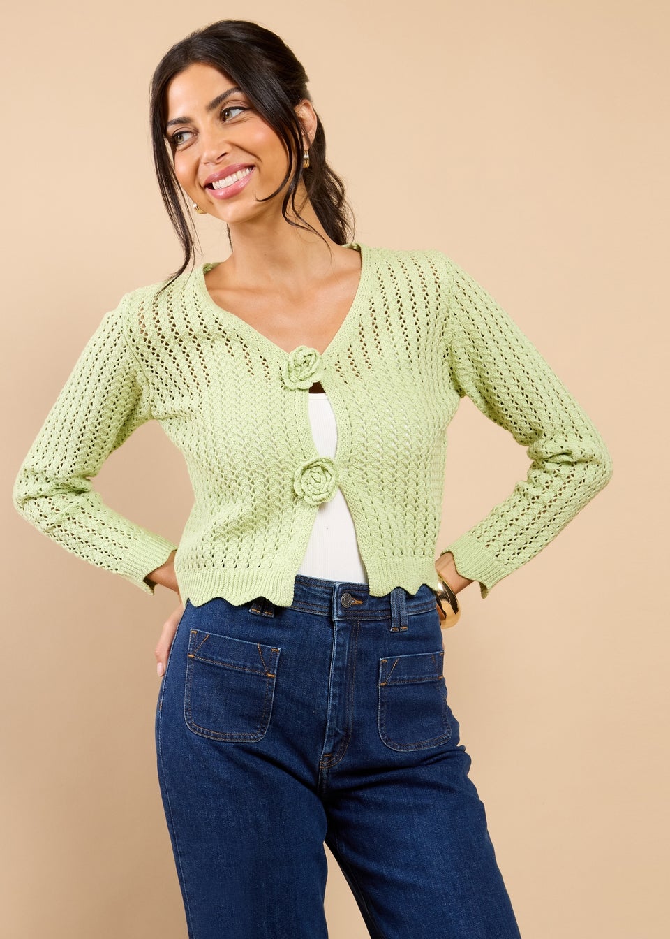 Little Mistress Sage Crochet Rosette Detail Cardigan