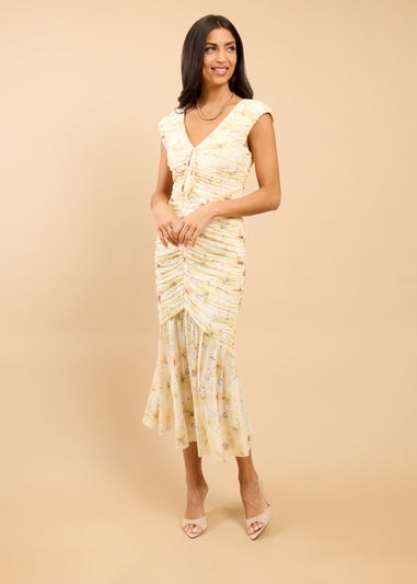 Little Mistress Yellow Floral Print Ruched Midaxi Dress
