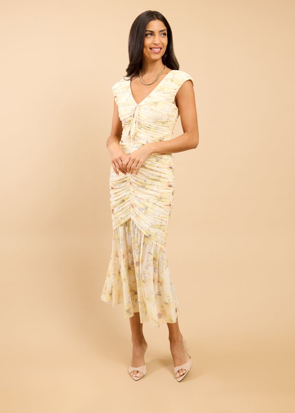 Little Mistress Yellow Floral Print Ruched Midaxi Dress