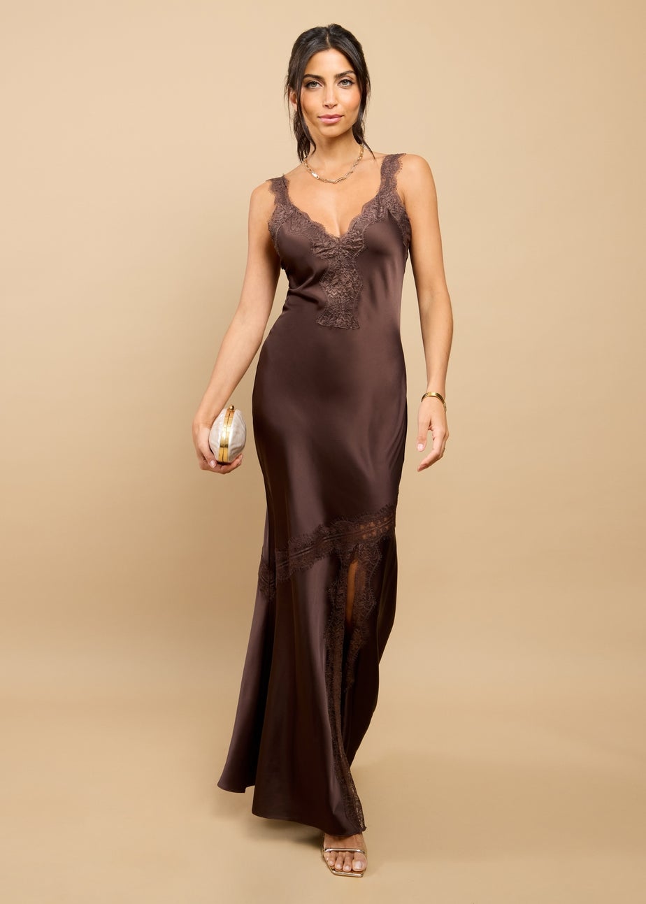 Little Mistress Brown Satin Lace Detail Maxi Dress