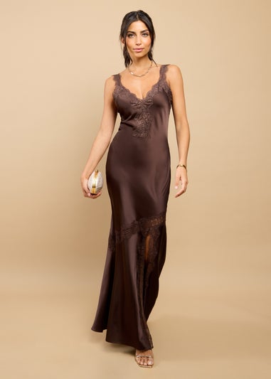 Little Mistress Brown Satin Lace Detail Maxi Dress