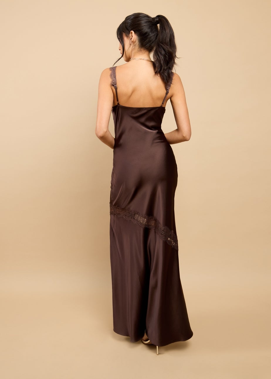 Little Mistress Brown Satin Lace Detail Maxi Dress