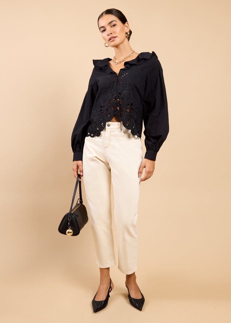 Little Mistress Black Embroidered Frill Top