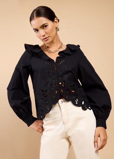 Little Mistress Black Embroidered Frill Top