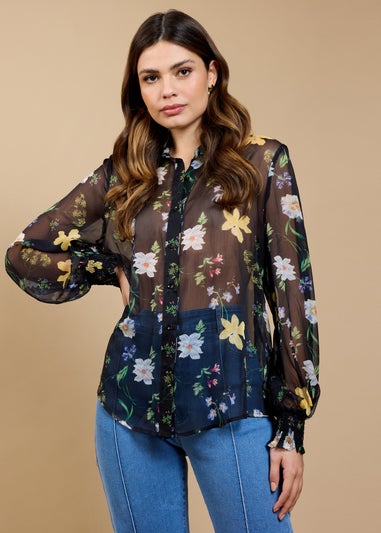 Little Mistress Black Floral Print Chiffon Shirt