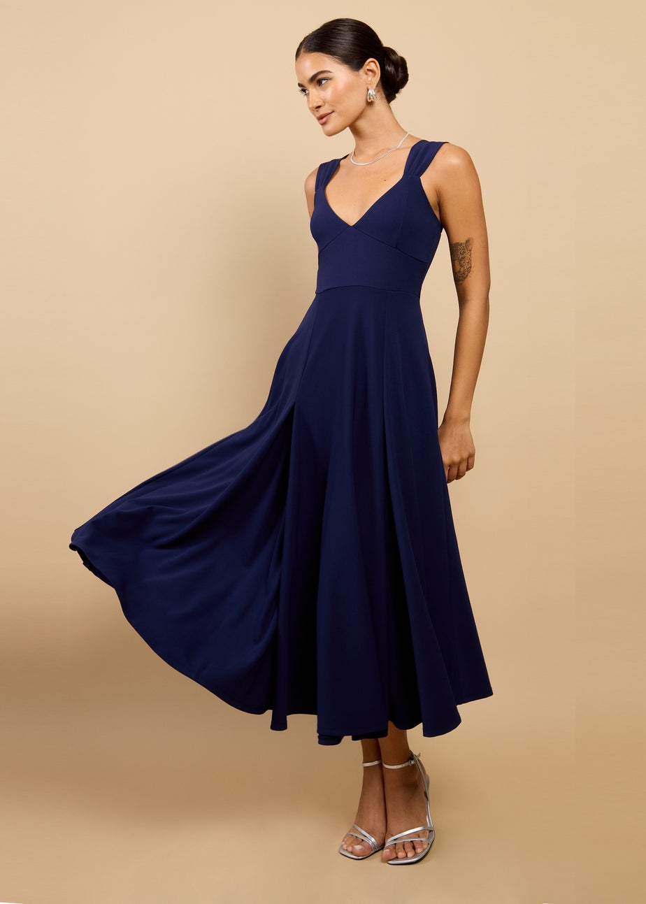 Little Mistress Navy Gathered Strap Midaxi Dress