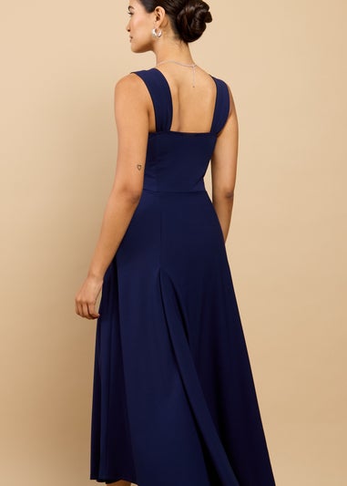 Little Mistress Navy Gathered Strap Midaxi Dress