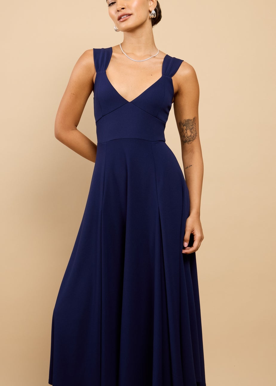Little Mistress Navy Gathered Strap Midaxi Dress