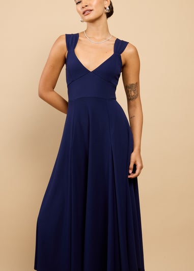 Little Mistress Navy Gathered Strap Midaxi Dress