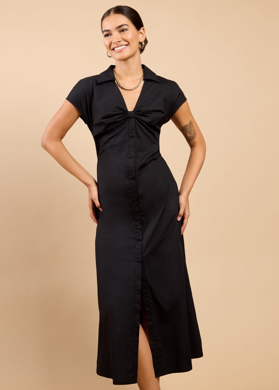 Little Mistress Black Gathered Detail Midaxi Shirt Dress