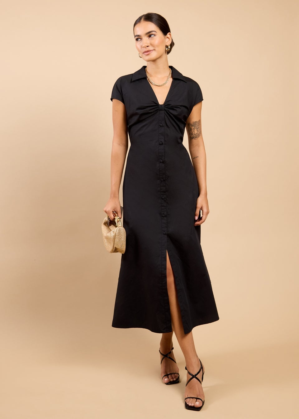 Little Mistress Black Gathered Detail Midaxi Shirt Dress