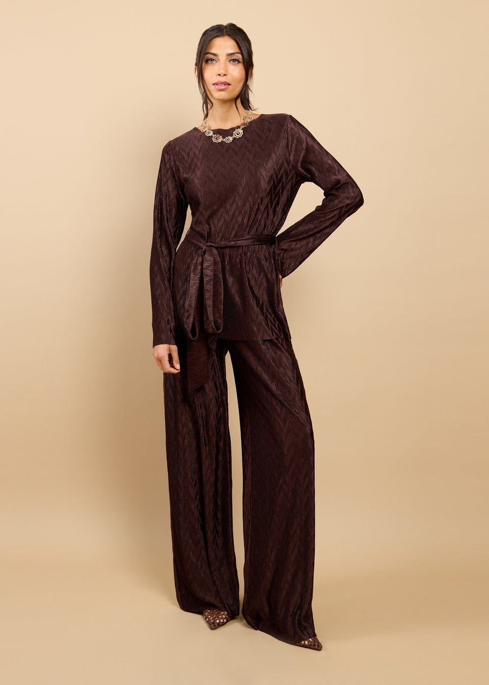 Little Mistress Brown Plisse Longline Top