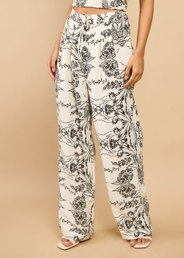 Little Mistress Monochrome Floral Print Wide Leg Trousers